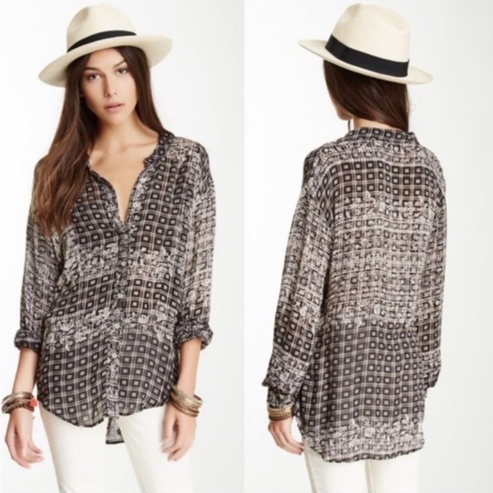 Free People Plaid Floral Caravan Button Down Top size Medium